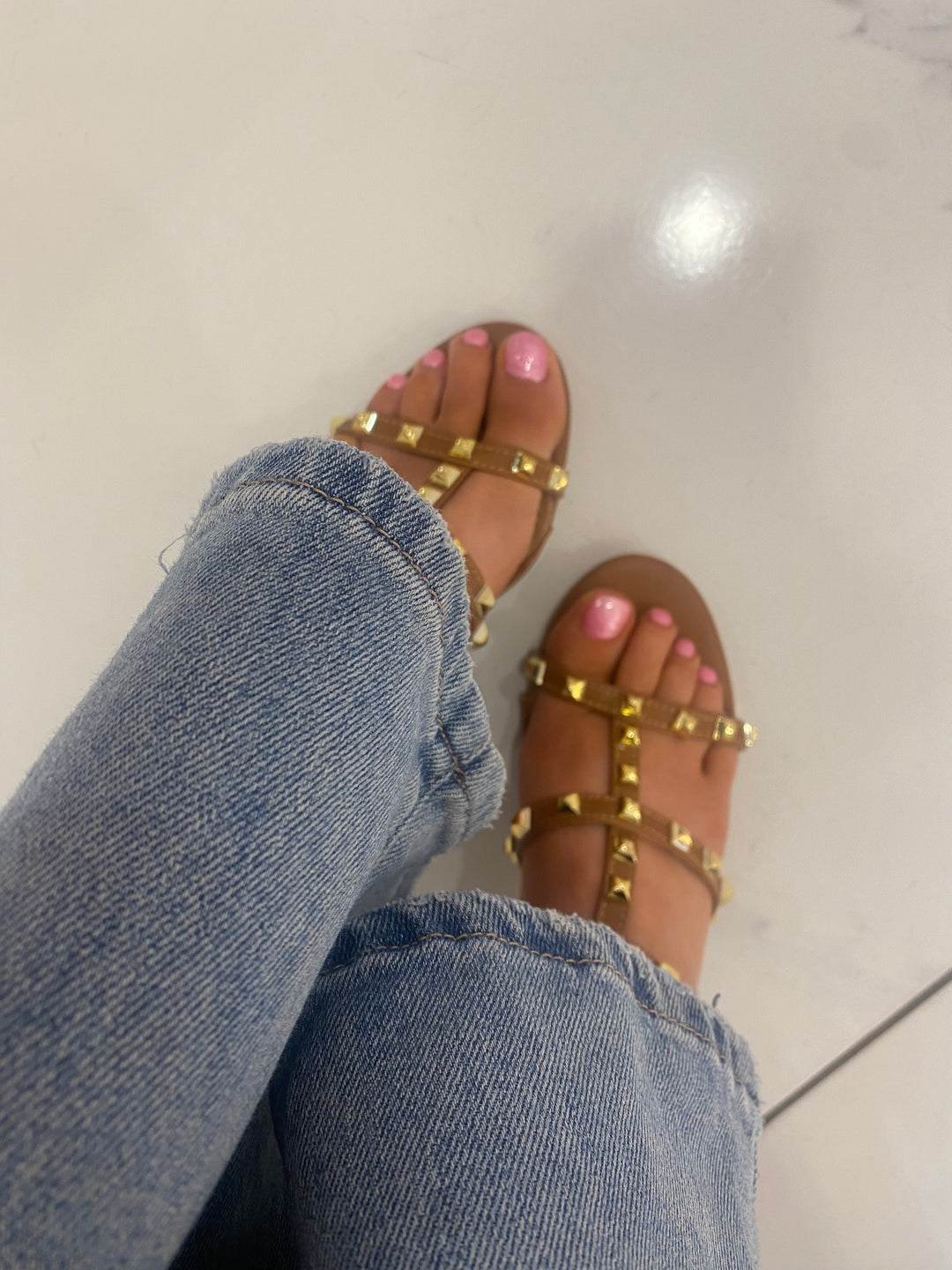 Valetta Tan Studded Block Heel Sandals