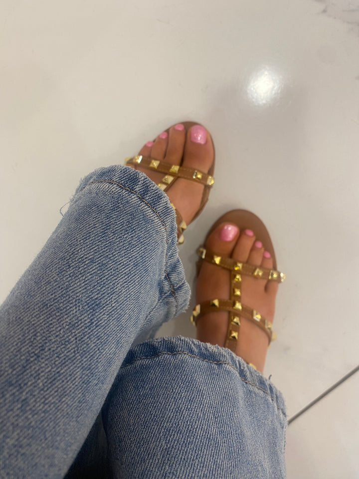 Valetta Tan Studded Block Heel Sandals