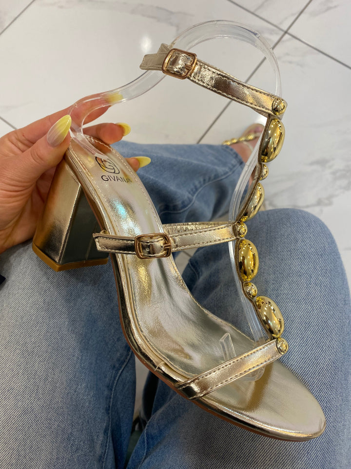 Elle Gold Embellished Block Heeled Sandal