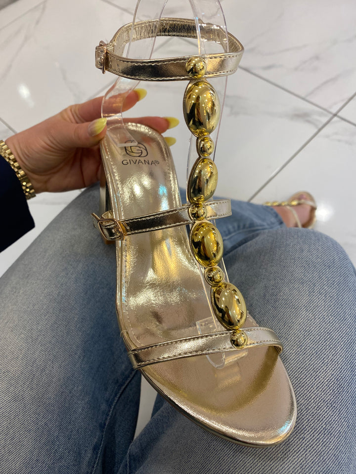 Elle Gold Embellished Block Heeled Sandal