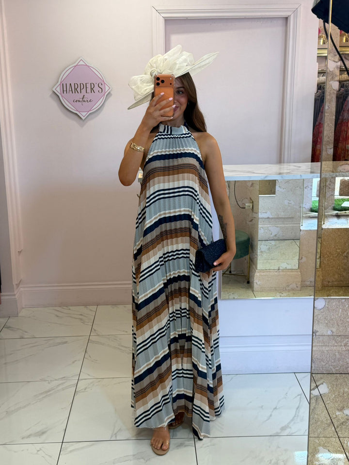 Imogen Stripe Pleated Halter Neck Maxi Dress