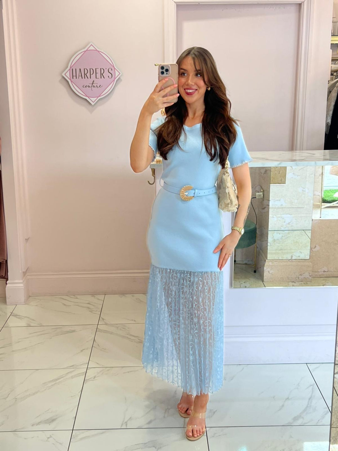 Bexley Knit Belted Dress With Lace Skirt