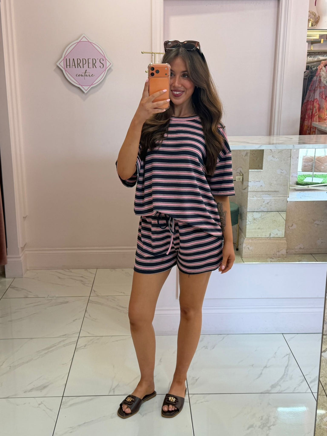 Mitzy Navy &amp; Pink Striped Oversized T Shirt &amp; Short Co Ord Set