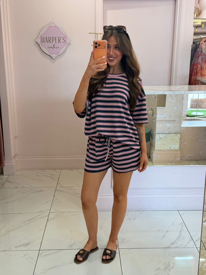 Mitzy Navy &amp; Pink Striped Oversized T Shirt &amp; Short Co Ord Set