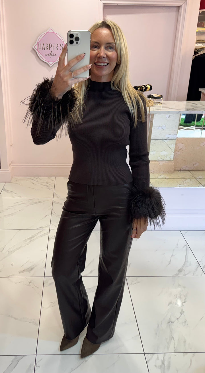Valentina Brown Faux Leather Wide Leg Trousers
