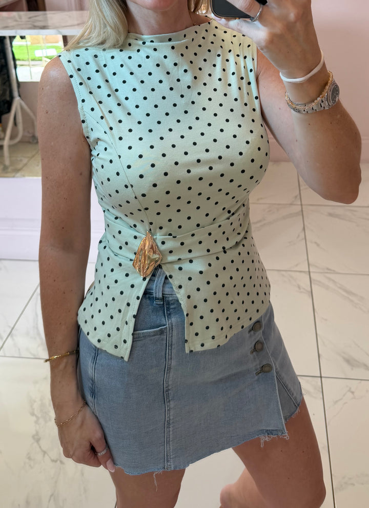 Beatrice Polka Dot Top With Gold Buckle Detail