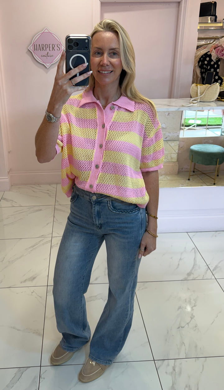 Raye Pink &amp; Yellow Button Detail Top/Cardigan