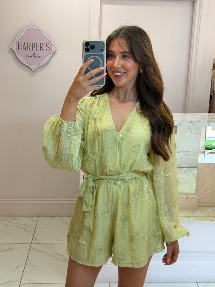 Oria Soft Green Floral Appliqué Playsuit