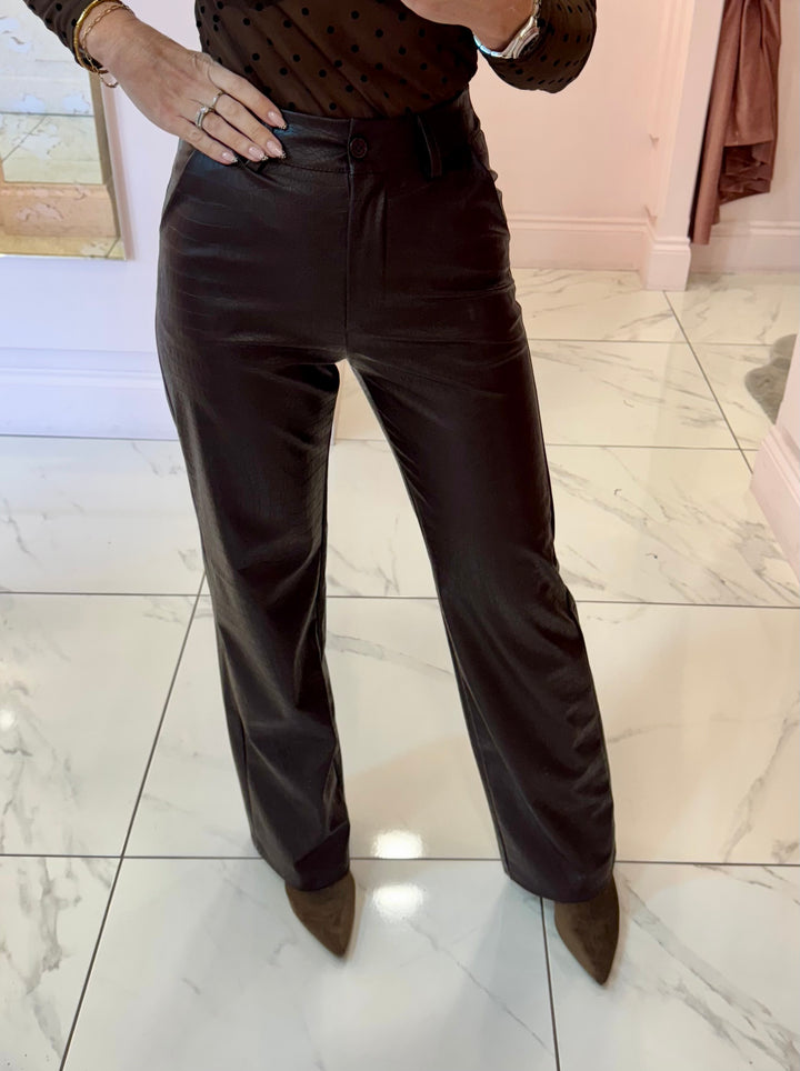 Valentina Brown Faux Leather Wide Leg Trousers