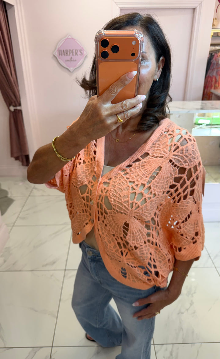 Aurora Crochet Coral Cardigan