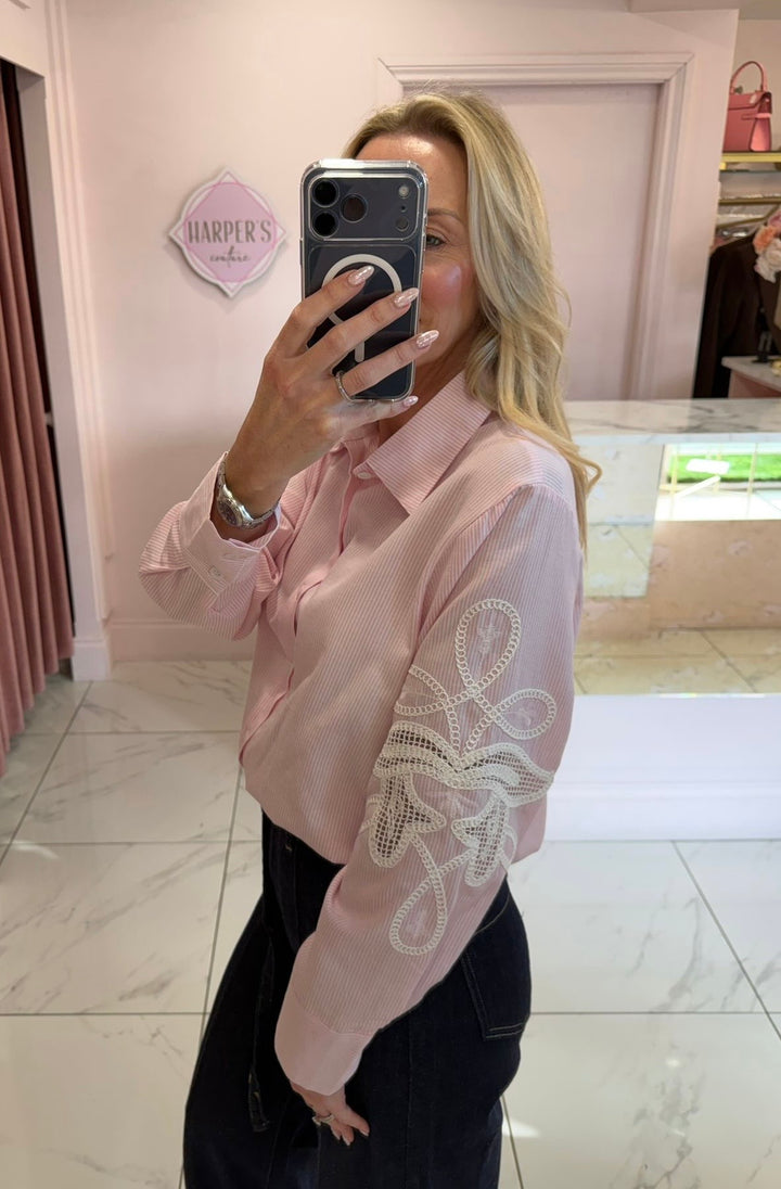 April Stripe & Embroidered Sleeve Detail Shirt Blouse