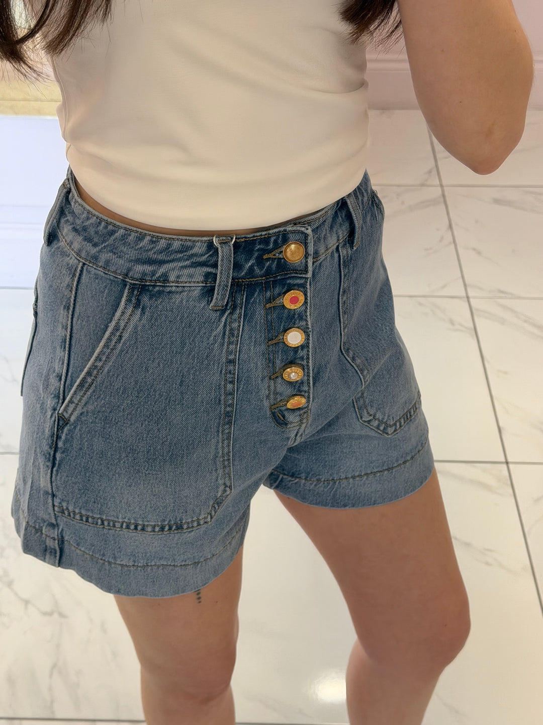 Edi Front Pocket Button Detail Denim Shorts