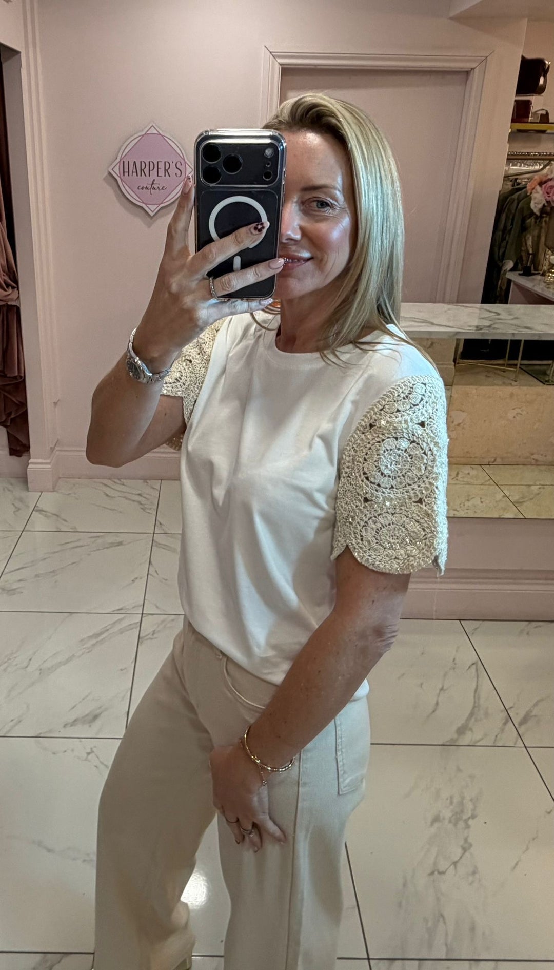 Calla White Crochet Sleeve T-Shirt