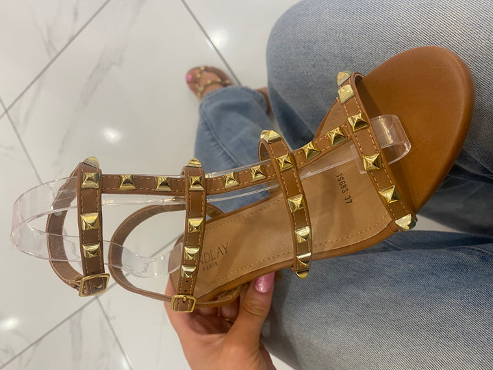Valetta Tan Studded Block Heel Sandals