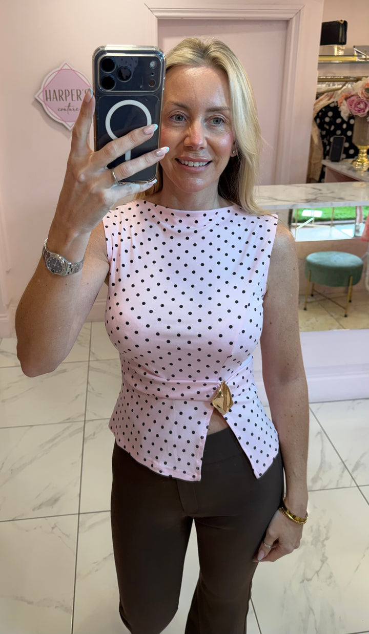 Beatrice Polka Dot Top With Gold Buckle Detail