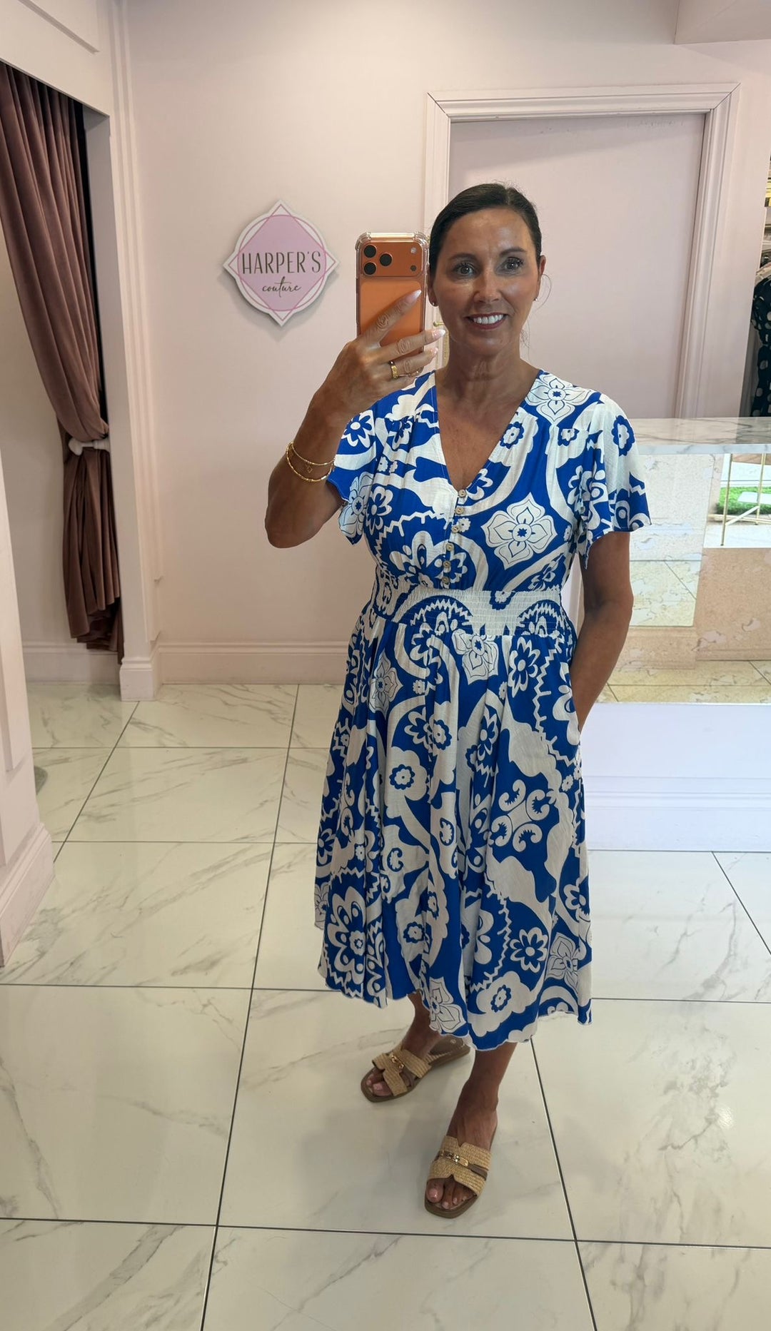 Mina Blue &amp; White Print Fit &amp; Flare Summer Dress