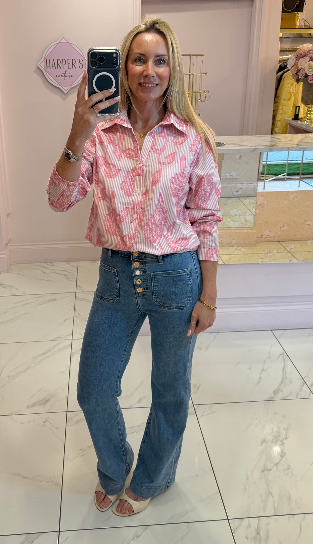 Alba Pink Stripe & Flower Detail Shirt/Blouse