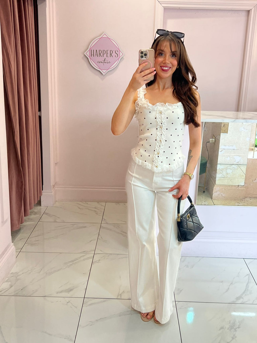 Ellen Polka Dot &amp; Lace Trim Top
