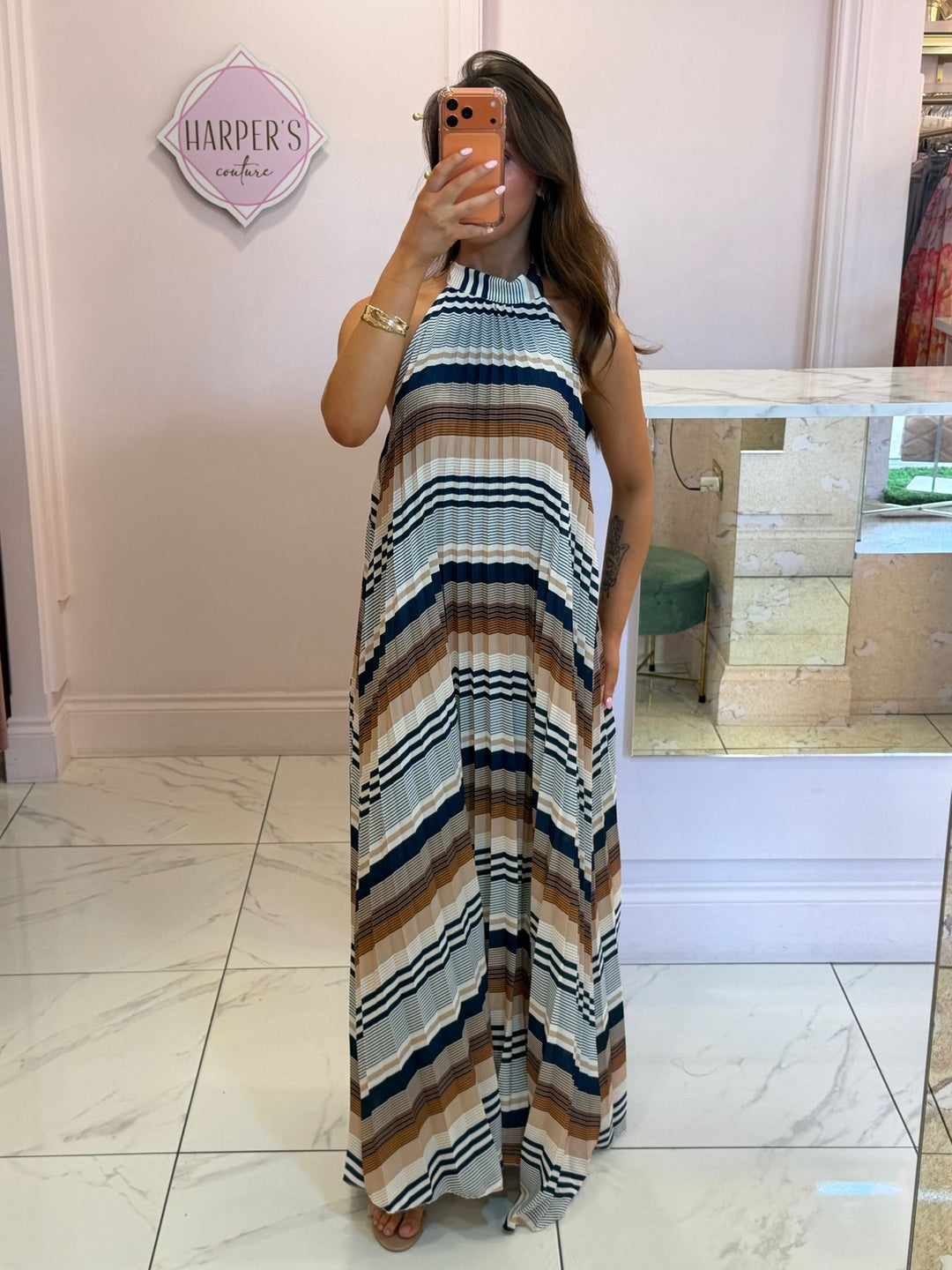 Imogen Stripe Pleated Halter Neck Maxi Dress