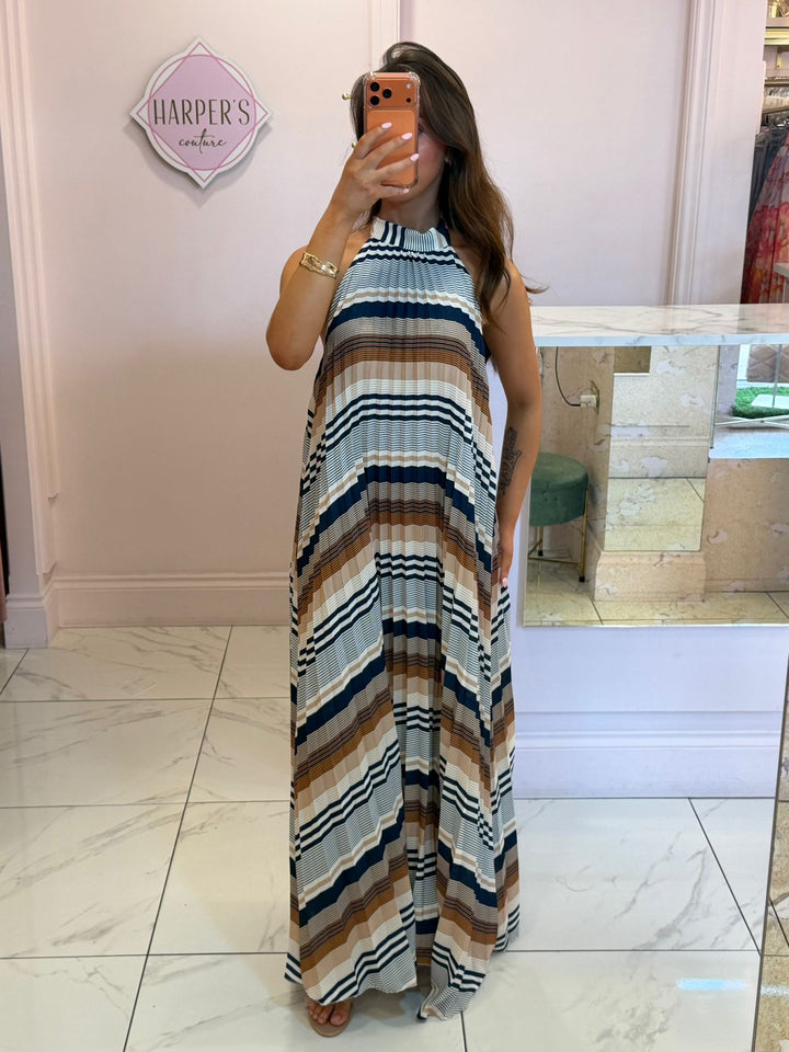 Imogen Stripe Pleated Halter Neck Maxi Dress
