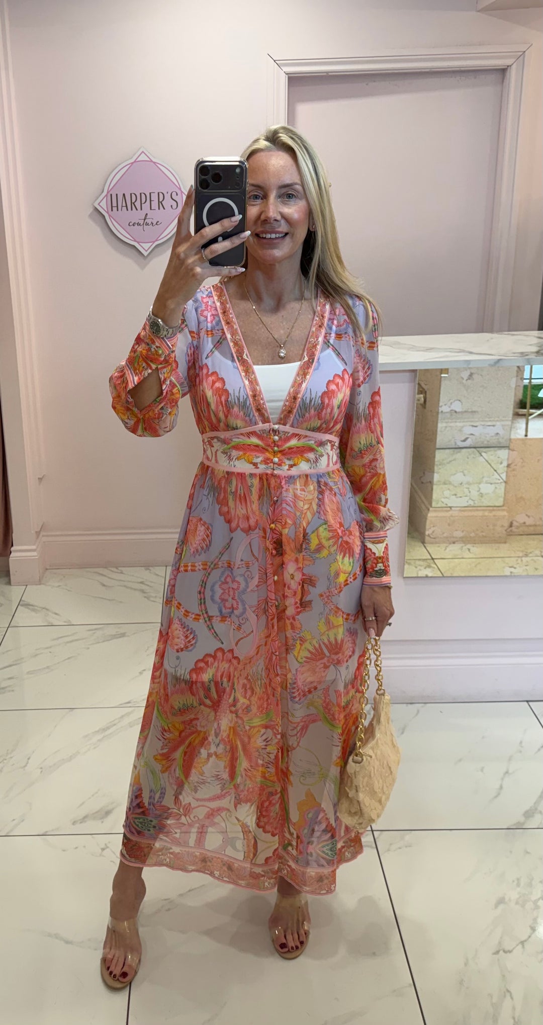 Cassie Coral &amp; Lilac Floral Print Long Sleeve Dress