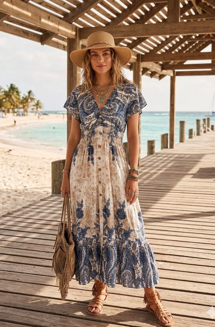 Trina Bohemian Button Midi Dress
