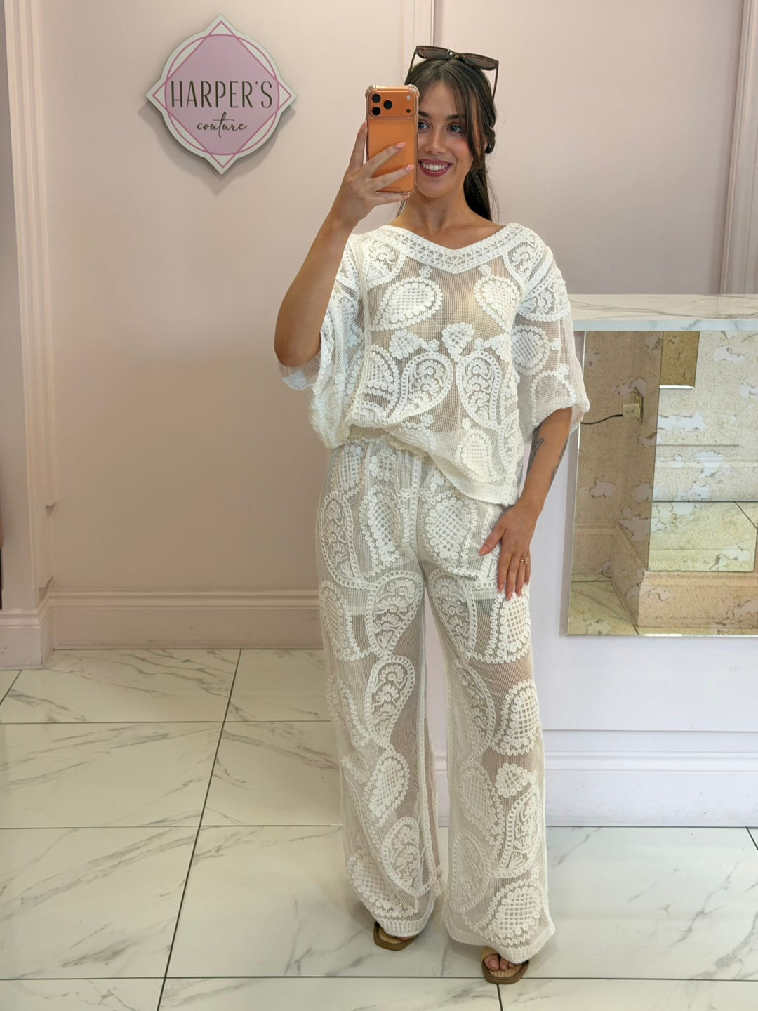 Cerys Paisley Crochet Sheer Top &amp; Trouser Co Ord Set