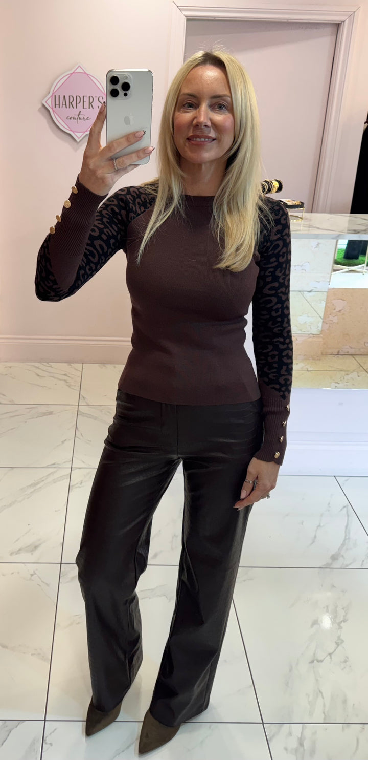 Valentina Brown Faux Leather Wide Leg Trousers