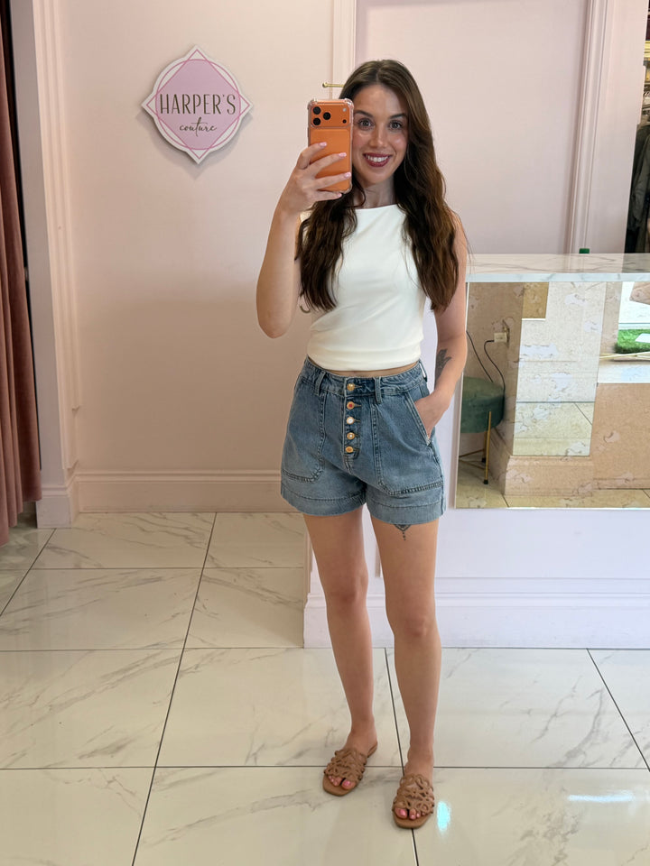 Edi Front Pocket Button Detail Denim Shorts