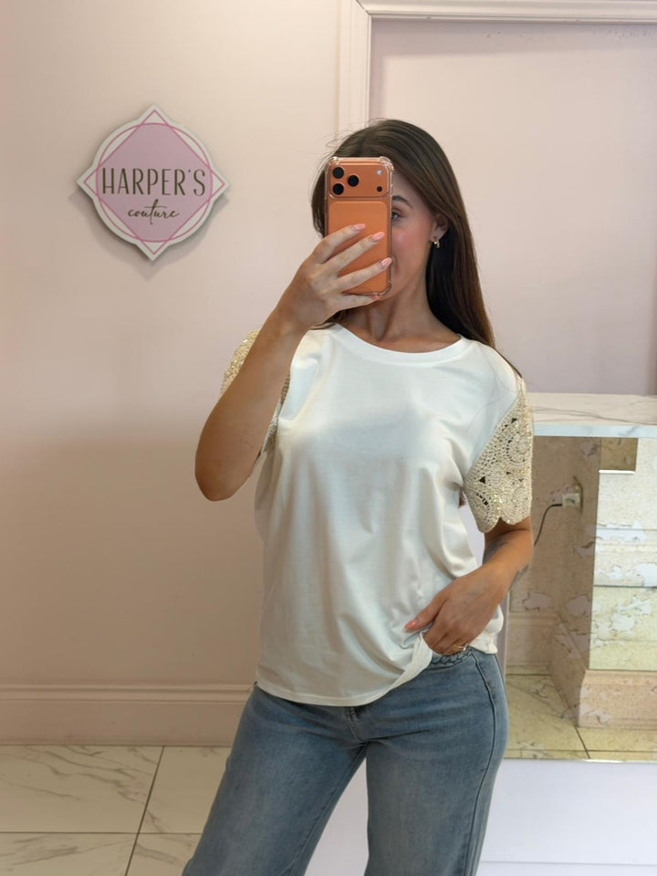 Calla White Crochet Sleeve T-Shirt