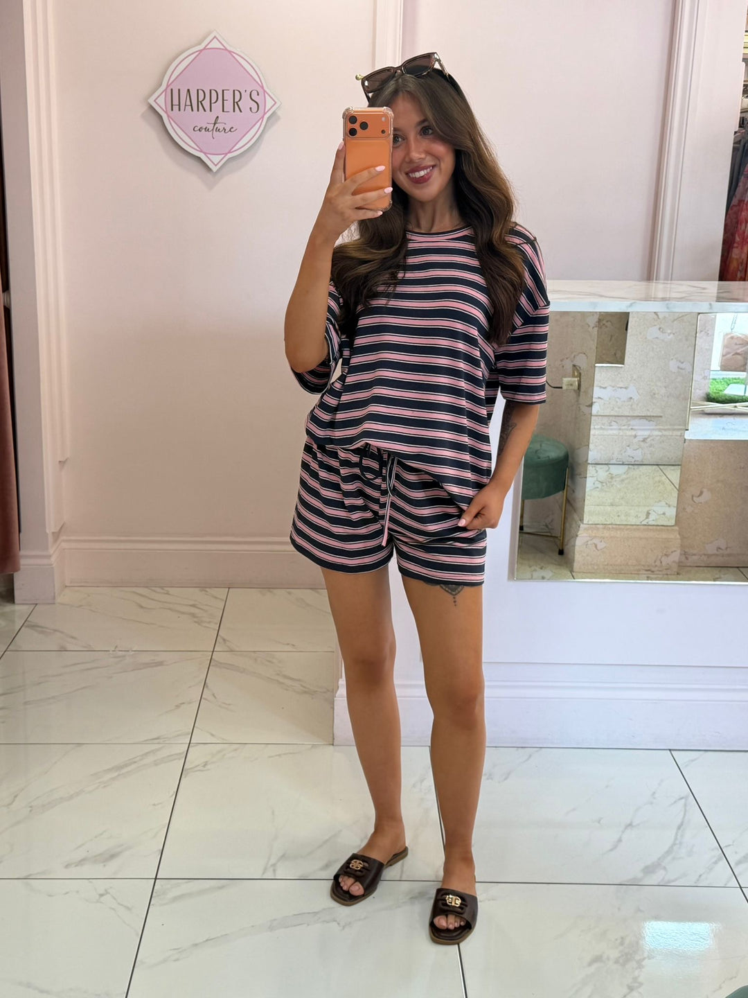 Mitzy Navy &amp; Pink Striped Oversized T Shirt &amp; Short Co Ord Set