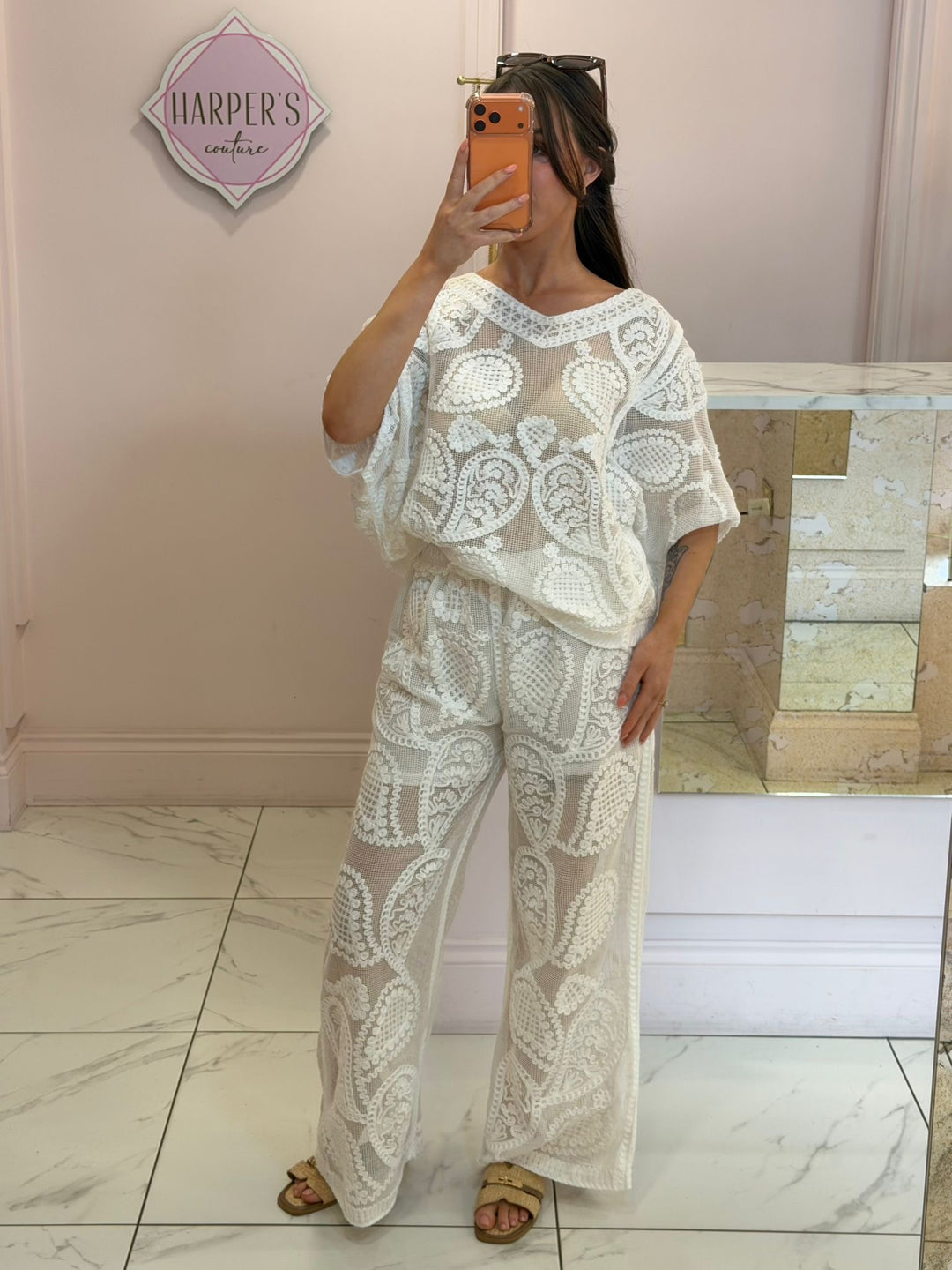 Cerys Paisley Crochet Sheer Top &amp; Trouser Co Ord Set