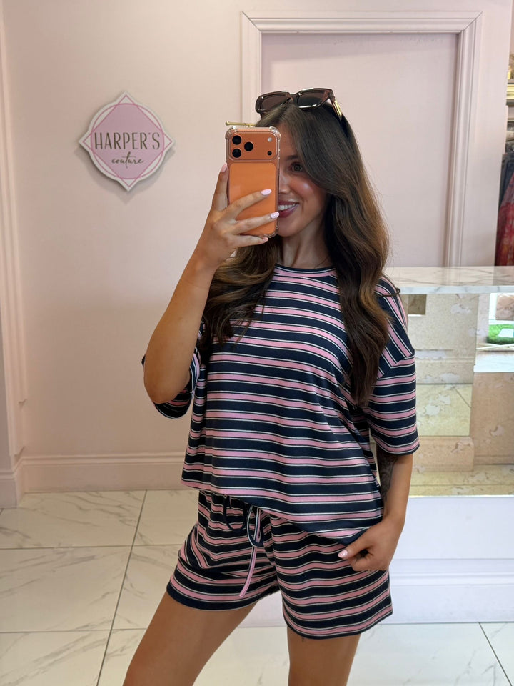 Mitzy Navy &amp; Pink Striped Oversized T Shirt &amp; Short Co Ord Set