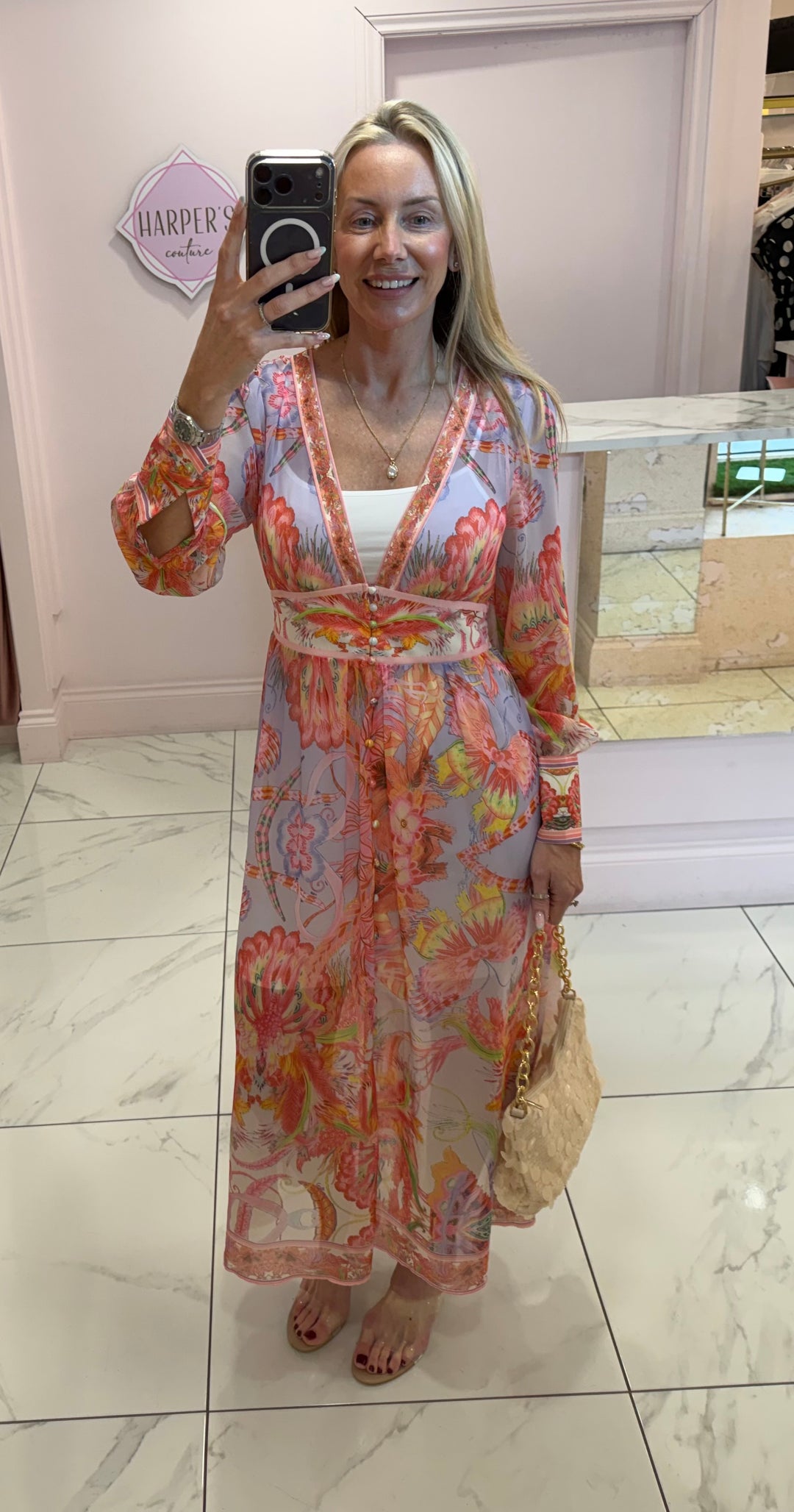 Cassie Coral &amp; Lilac Floral Print Long Sleeve Dress