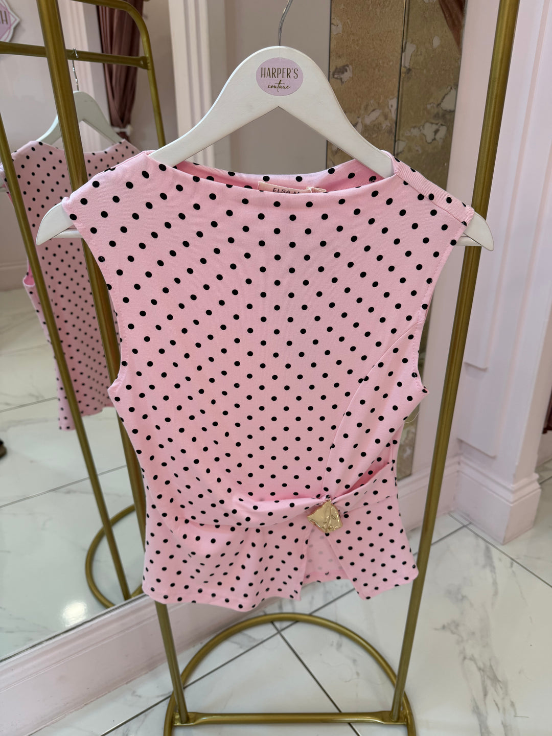 Beatrice Polka Dot Top With Gold Buckle Detail