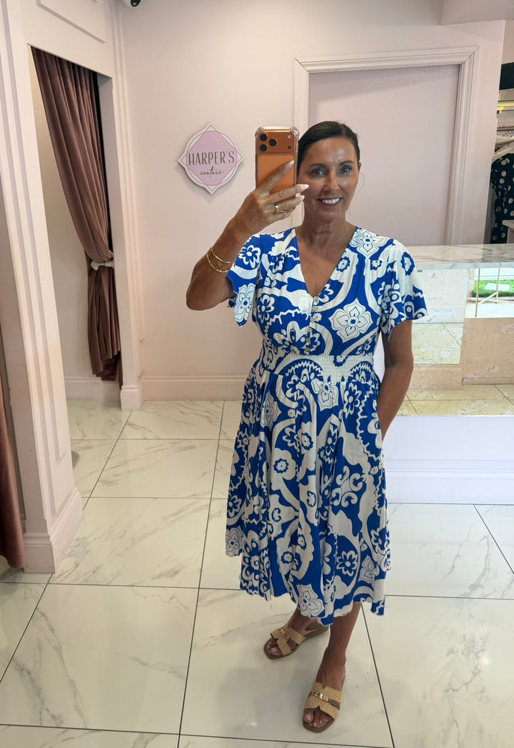 Mina Blue &amp; White Print Fit &amp; Flare Summer Dress