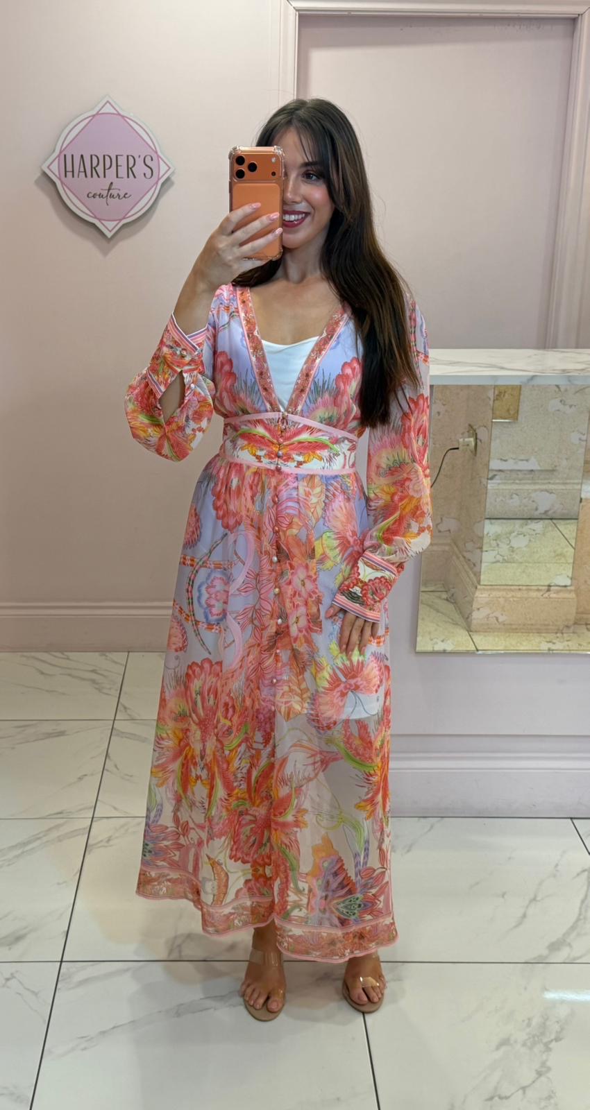 Cassie Coral &amp; Lilac Floral Print Long Sleeve Dress