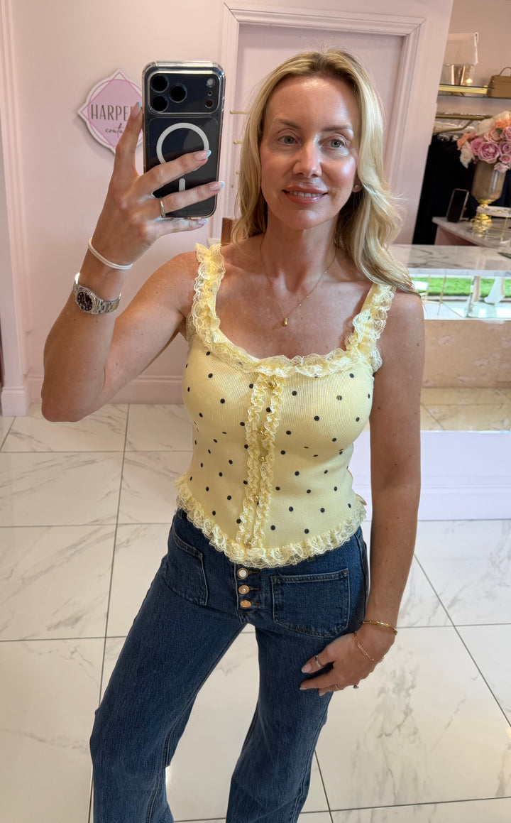 Ellen Polka Dot &amp; Lace Trim Top
