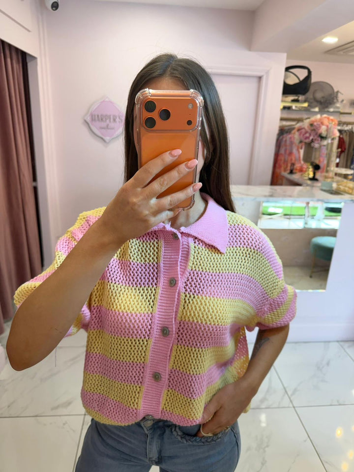 Raye Pink &amp; Yellow Button Detail Top/Cardigan
