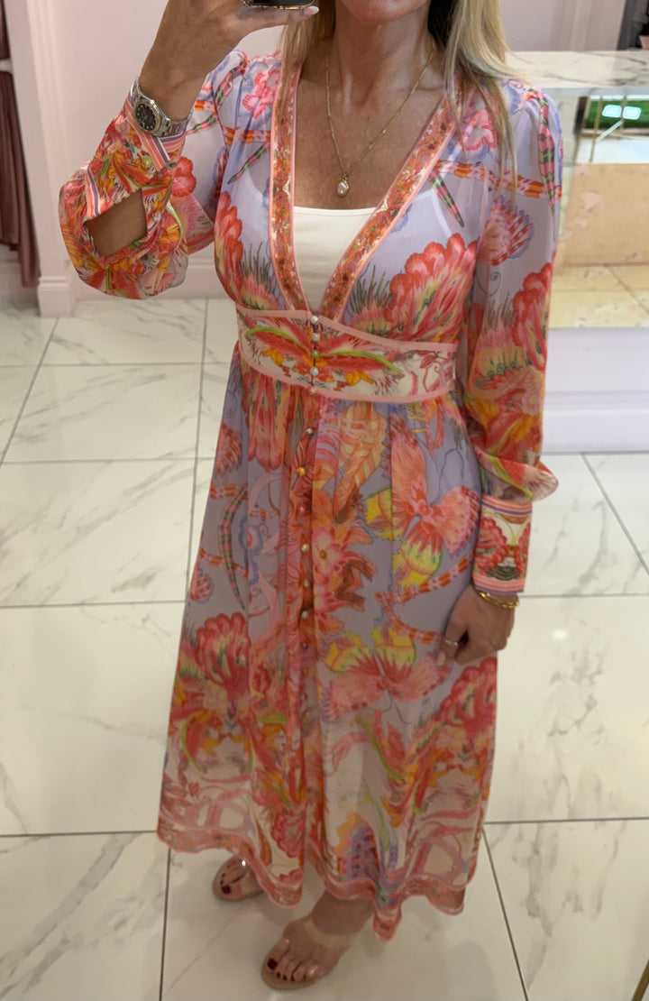 Cassie Coral &amp; Lilac Floral Print Long Sleeve Dress