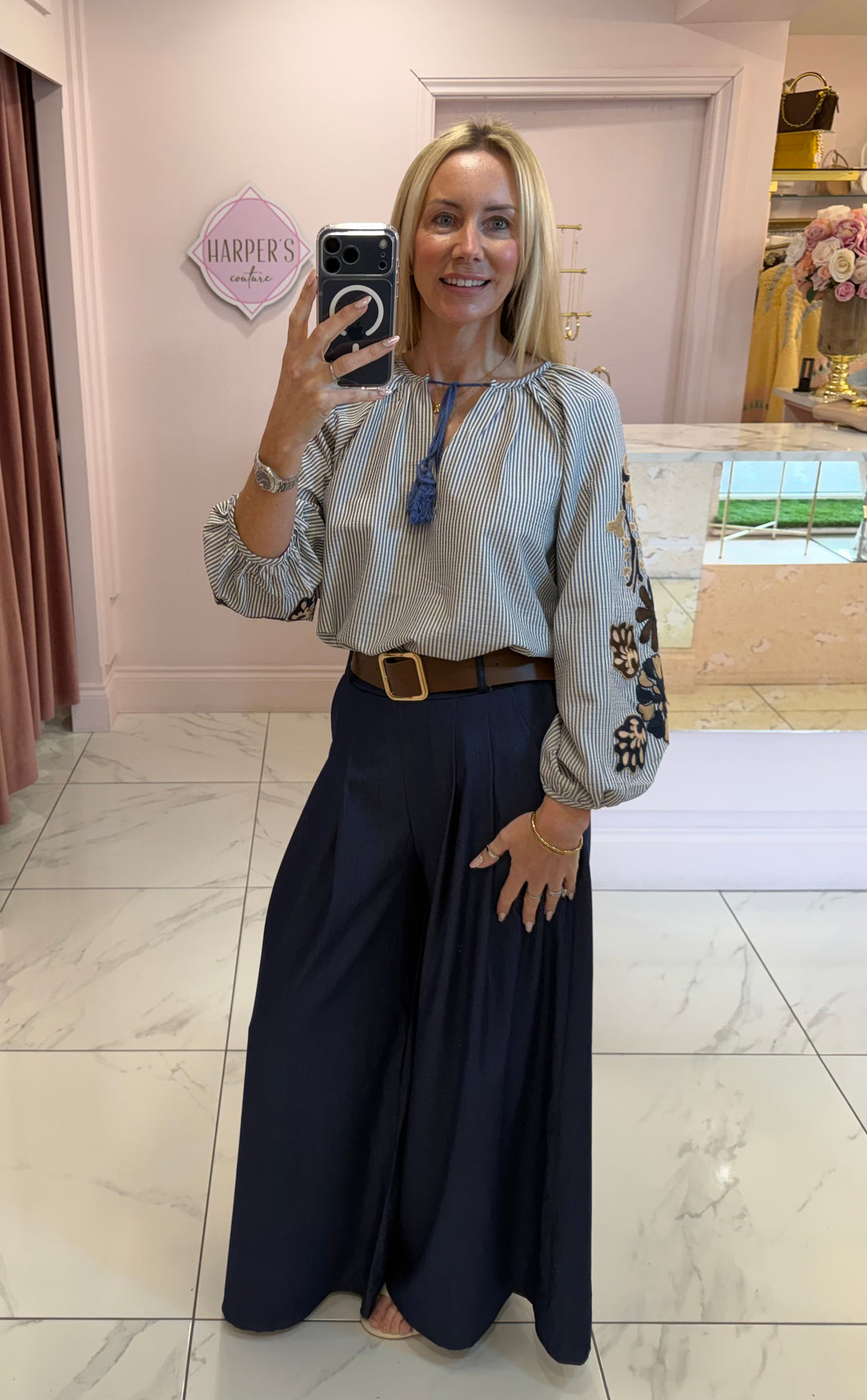 Andrea Stripe & Embroidery Detail Shirt/Blouse