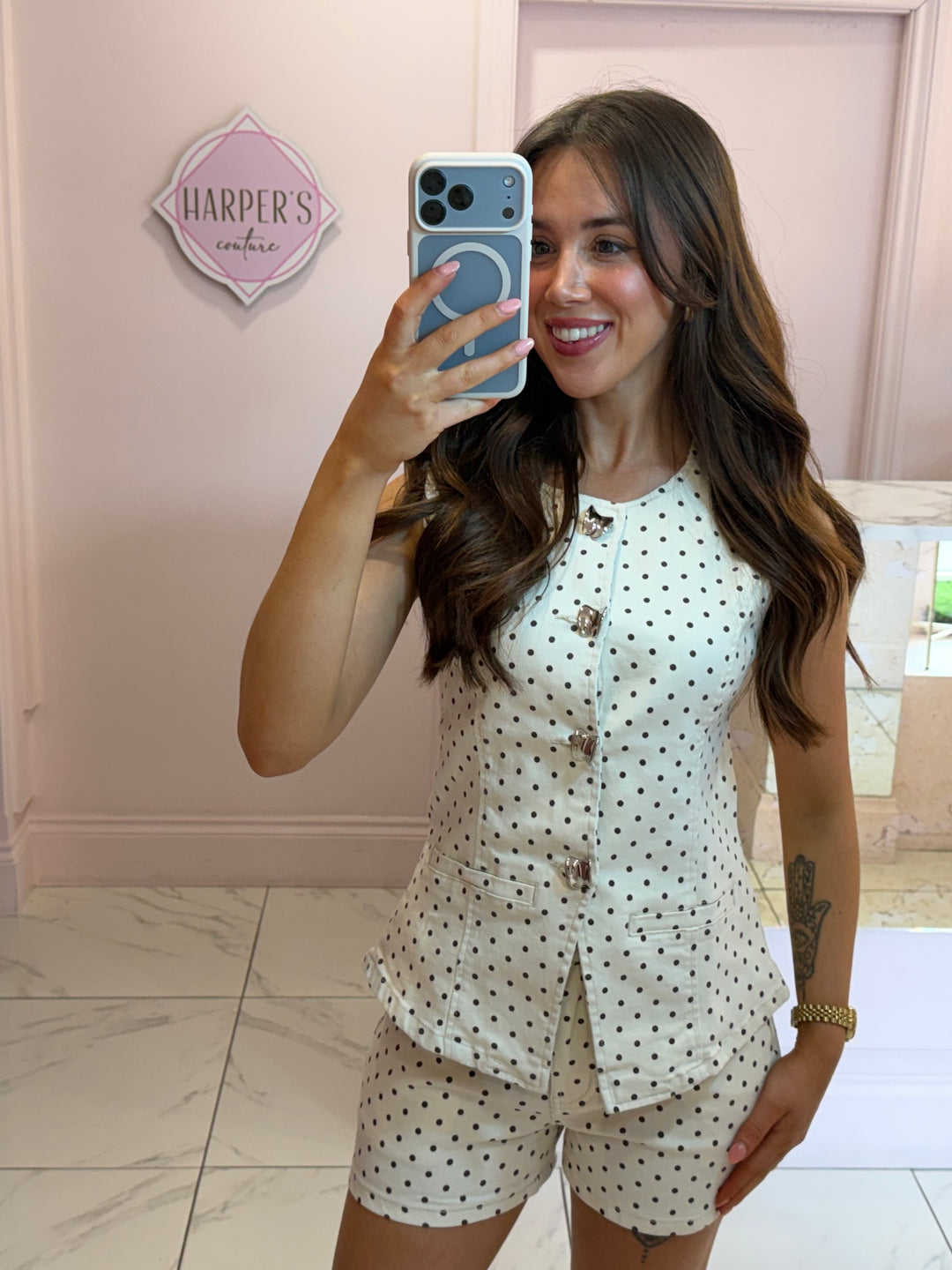 Lainey Denim Polka Dot Waistcoat &amp; Short Co Ord