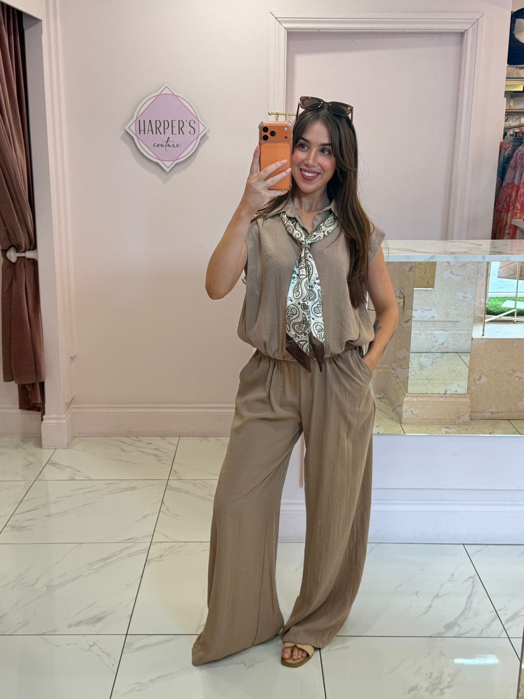 Mary Detachable Scarf Linen Feel Top &amp; Trouser Co Ord Set
