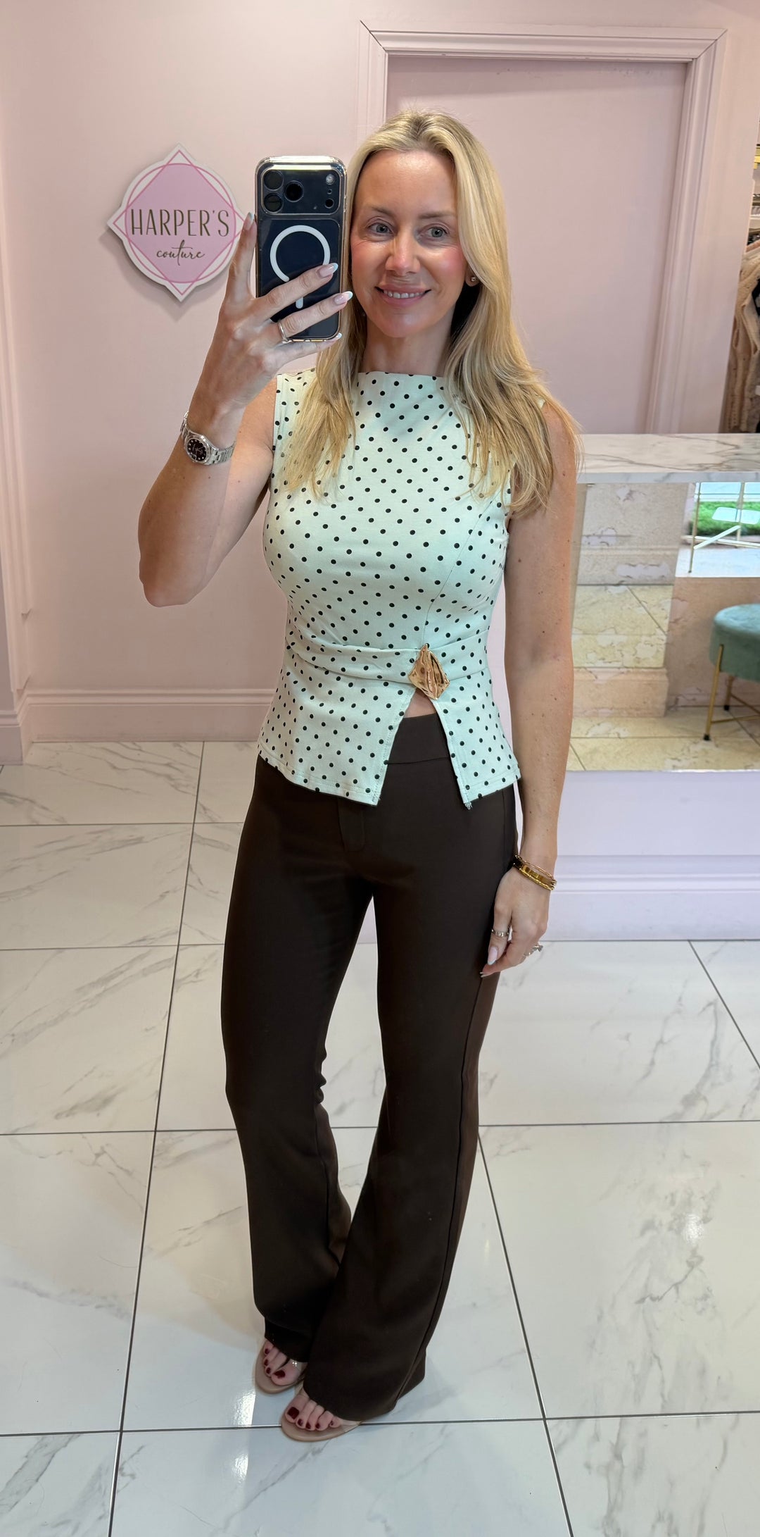 Beatrice Polka Dot Top With Gold Buckle Detail