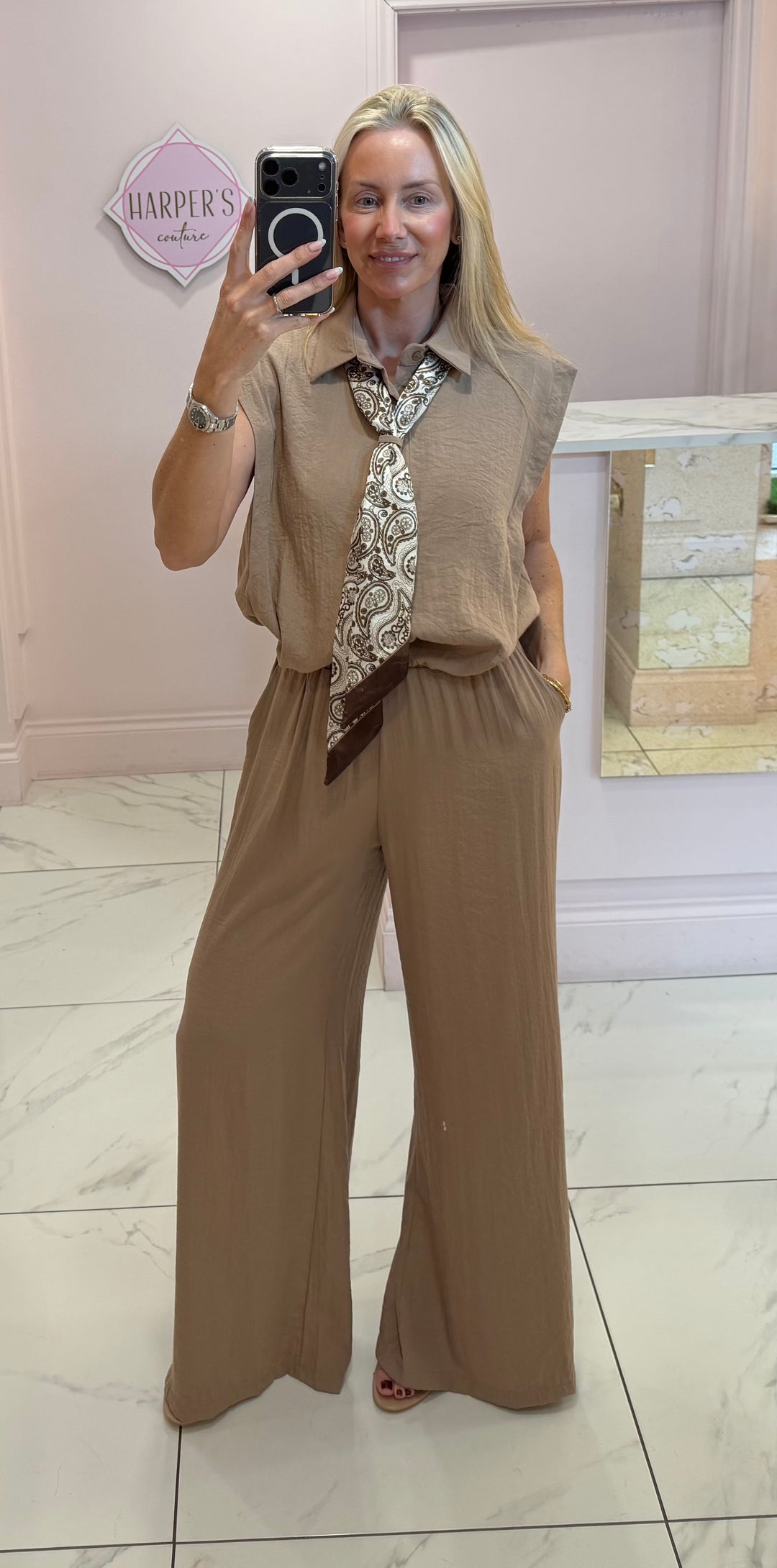 Mary Detachable Scarf Linen Feel Top &amp; Trouser Co Ord Set