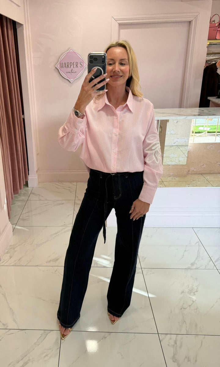 April Stripe & Embroidered Sleeve Detail Shirt Blouse