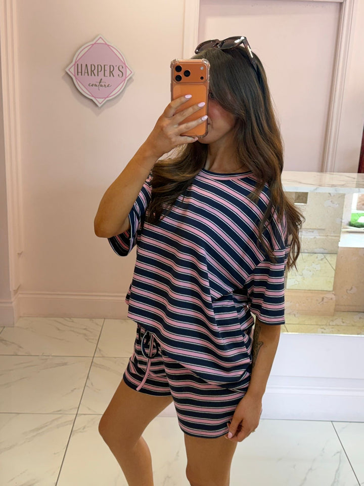 Mitzy Navy &amp; Pink Striped Oversized T Shirt &amp; Short Co Ord Set
