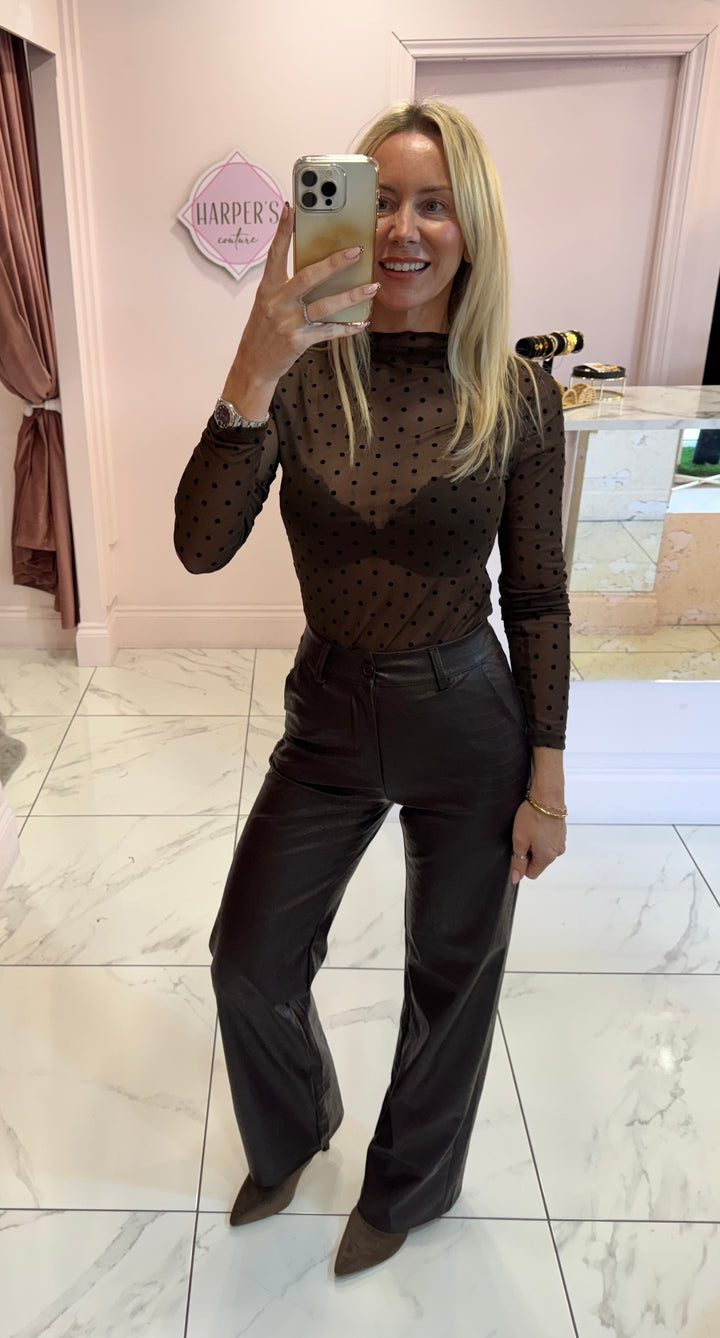 Valentina Brown Faux Leather Wide Leg Trousers