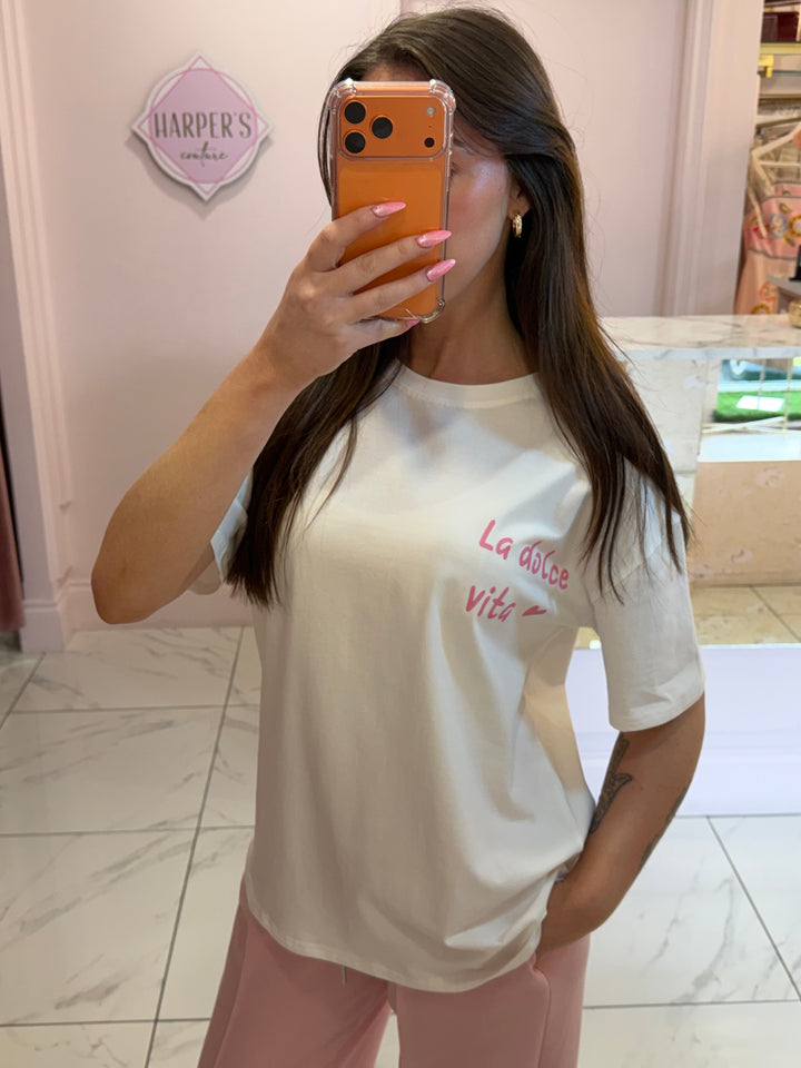 Dolce White &amp; Pink Printed Back T-Shirt