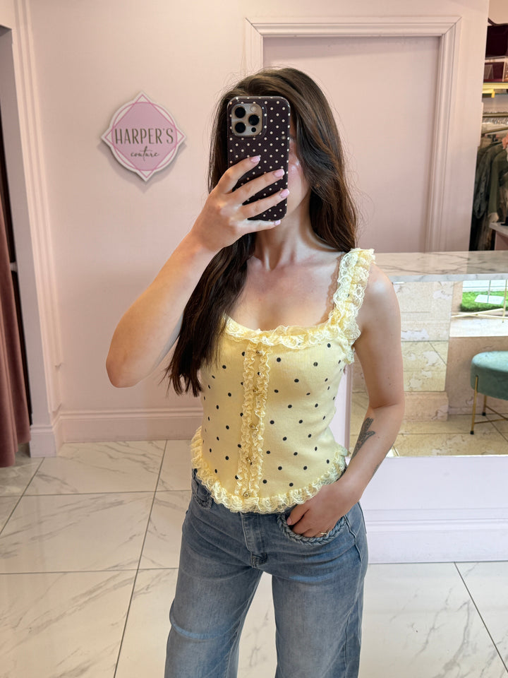 Ellen Polka Dot &amp; Lace Trim Top